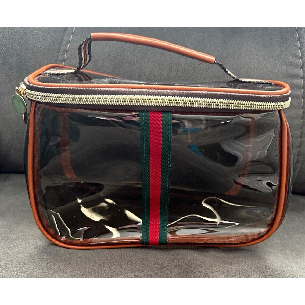 Clear Plastic Makeup Bag Case w/ Handle Zipper Brown Trim Green Red 8x5x4" 0020